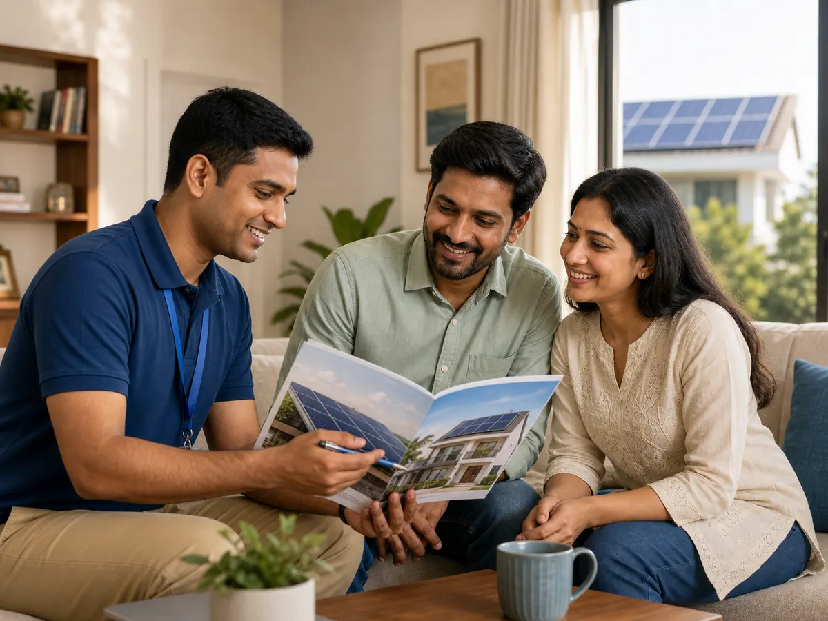 Satya Sidha Solar expert explaining rooftop solar installation and subsidy assistance to a family