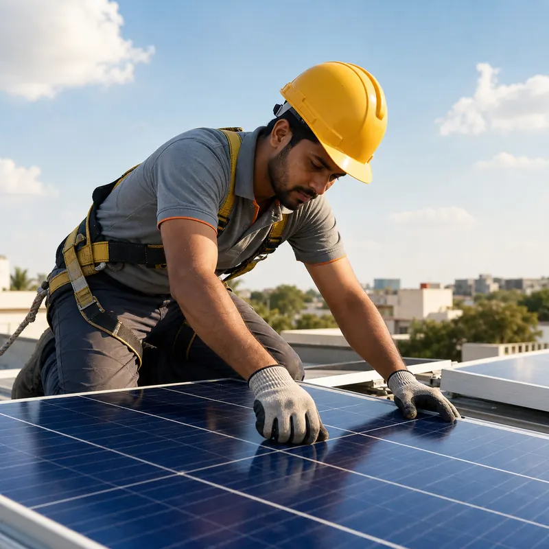 Solar technician installing rooftop solar panels in Odisha