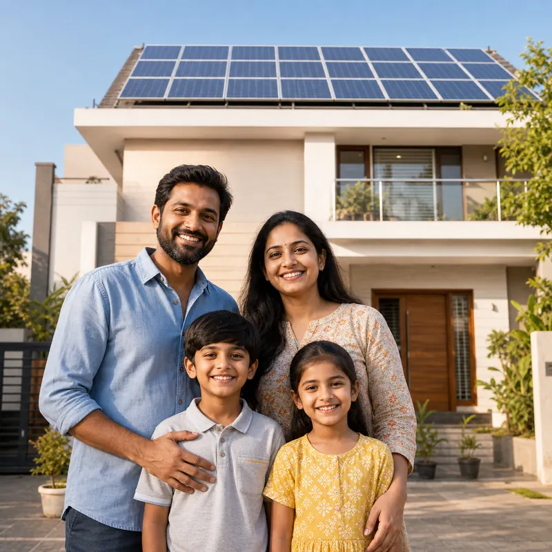 Indian family with rooftop solar panels for home savings in Odisha