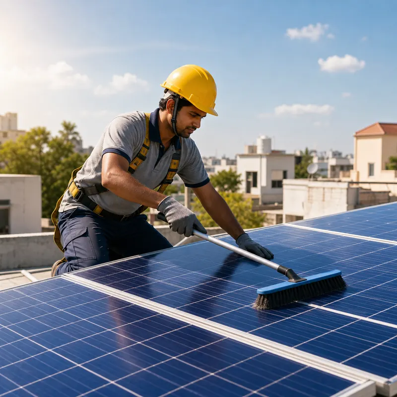 Solar technician maintaining rooftop solar panels after installation